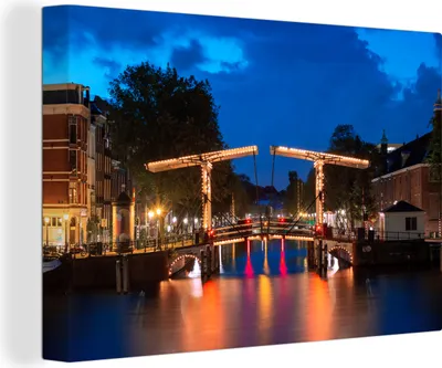 Produktbild von OneMillionCanvasses® - Leinwandbilder - 140x90 cm, Amsterdam - Brücke - Nacht, Wandbilder Kunstdruck Wanddekoration