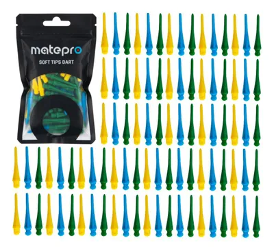 Zdjęcie produktu dla Groty końcówki do rzutek lotek dart MatePro, 100 szt, soft tips, wzmacniane, wytrzymałe, uniwersalne, 25 mm, gwint 2BA, zielone, niebieskie, żółte