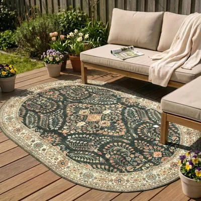 Zdjęcie produktu dla Volero - Owalny dywan zewnętrzny Vintage - Santo Flora Ciemnozielony - 200x290 cm