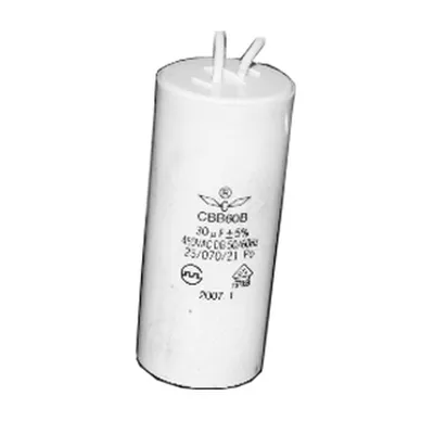 A white cylindrical capacitor with text and logos printed on it.