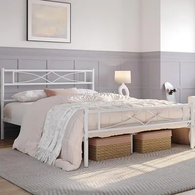 Productafbeelding van Metaalbed 140 x 200 cm, bedframe met hoog hoofdeinde. Gastbed met lattenbodem, geschikt voor slaapkamer of logeerkamer. Veel opbergruimte onder het bed. Wit