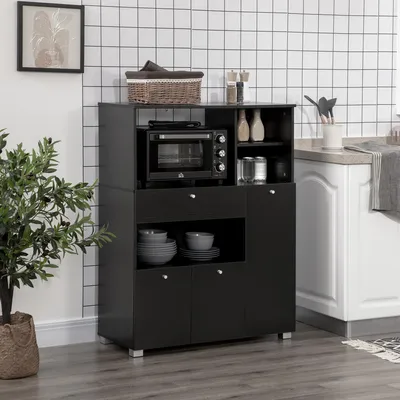 Zdjęcie produktu dla Szafka kuchenna, szafka na mikrofalówkę, wysoka szafka, nowoczesna komoda wykonana z płyty drewnopodobnej, z 3 drzwiczkami, 1 szufladą i 4 przegródkami, komoda kuchenna, kolor czarny, wymiary: 90 x 40 x 120 cm
