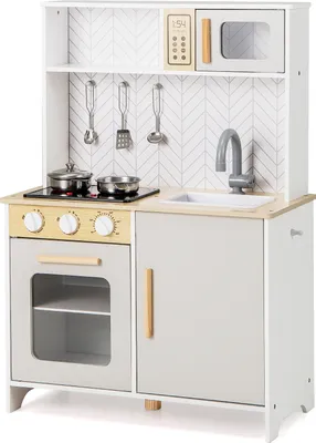A wooden toy kitchen with various accessories, including pots, utensils, a sink, a faucet, a microwave, and an oven.