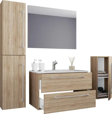 Image de Ensemble de 5 pièces | 1 lavabo avec deux tiroirs, 1 miroir, 1 lavabo, 1 lavabo, 1 armoire haute | Lavabo en céramique | Vasque suspendue 80 cm | Ensemble de meubles de salle de bain Salle de bains Salle de bain – Badinos