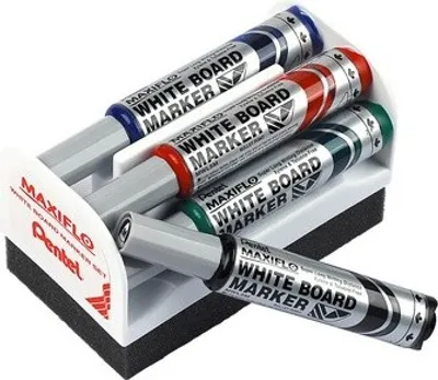 Produktbild von Pentel Whiteboard Marker Set MAXIFLO MWL5S mit Schwamm Inhalt: 4 Marker + Halter