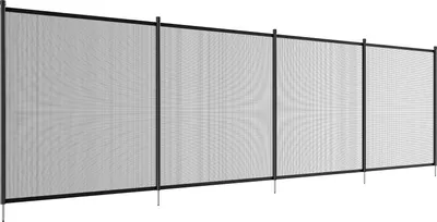 A long, segmented pool fence made of black metal frames and gray mesh material, standing on a white background.
