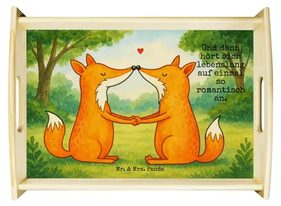 Produktbild von Mr. & Mrs. Panda Serviertablett Füchse Liebe Design - Weiß - Geschenk, Fuchs, sofatablett, Freundin, Küchentablett, Servier Tablett, Ehemann, Holztablett
