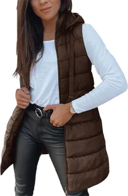 Image de ASKSA Femme Gilet matelassé long sans manches avec capuche Chaud Veste d'hiver légère Manteau matelassé décontracté Unicolore Gilets de sport d'hiver (Café,M)