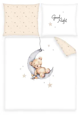 Produktbild von Babybettwäsche 80x80 & 35x40 – Wende-Bettwäsche mit schlafendem Bär auf Mondsichel & Sternchen – Baumwolle Renforcé –