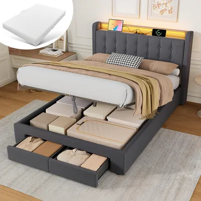 Produktbild von STILVORA Polsterbett 140x200 cm mit Matratze Jugendbett Mit USB-Anschluss & LED-Lichtband –Bettgestell mit Schubladen und Steckdosen, Grau