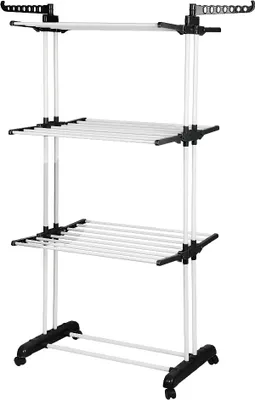 Produktbild von Wäscheständer Kleiderstange Wäscheturm Wäschetrockner mit Flügel klappbar Mobil 3 Ebenen Schwarz+weiß 72x56x152cm