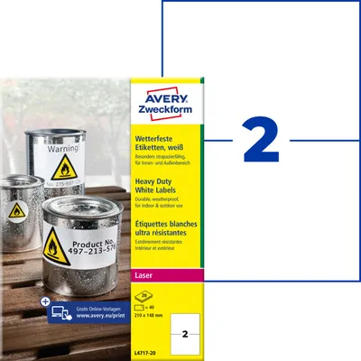 Produktbild von Avery Zweckform L4717-20, Wetterfeste Folien-Etiketten, A4, 210 x 148 mm, 40 Etiketten / 20 Bögen, weiß