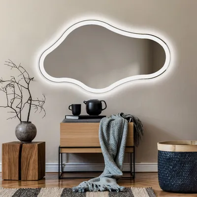 Produktbild von Unregelmäßiger asymmetrischer Spiegel mit LED Beleuchtung 154x84 cm - mit LED Beleuchtung - LED Farbe Kaltweiß 7000K - Individuell Nach Maß - Beleuchtet Wandspiegel Lichtspiegel Badezimmerspiegel CHM222