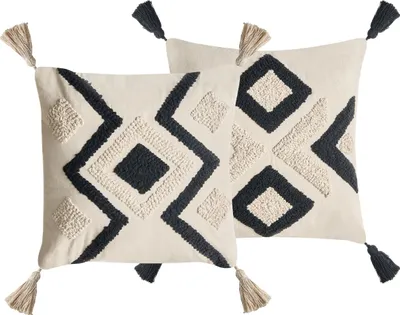 Produktbild von BELIANI Dekokissen 2er Set Beige u. Schwarz Baumwollbezug mit Füllung 45x45 cm Strukturiert Geometrisches Muster Boho für Wohnzimmer Schlafzimmer Deko