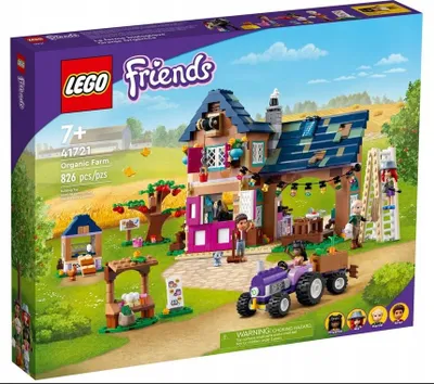The image shows the box of a LEGO Friends Organic Farm set, displaying the assembled toy farm, tractor, and figures in a scenic outdoor setting.