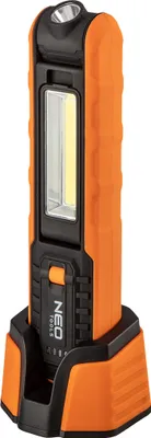 Produktbild von NEO TOOLS Akku-Werkstattlampe 500 lm COB LED + Sockel + Ladegerät, 2 in 1 Lampe + Taschenlampe, 3,7-V-Li-Ion-Akku mit einer Kapazität von 2600 mAh, Größe 270x90x80mm