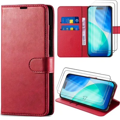 Image de Coque + 2 Verres Trempés pour iPhone 17, Protection Rabat Anti-Rayures Antichoc Synthécuir - Rouge