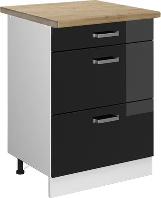 Produktbild von Küchenunterschrank Vicco R-Line Schwarz Hochglanz 60 cm mit Schubladen, AP Eiche, Model 46682