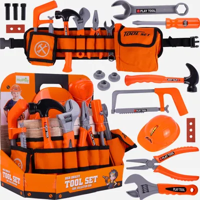 Produktbild von MalPlay Spielzeugwerkzeugset, 17-teilig, Orange, mit verstellbarem Werkzeuggürtel (15x55-76cm) und Helm (23x17,5x7cm), für DIY Rollenspiel ab 3 Jahren, mit zahlreichen Werkzeugtaschen. Paket: 32x29x19cm.