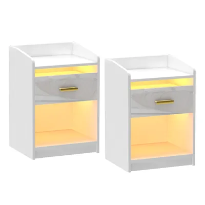 Produktbild von 2x Nachttisch,Nachtschrank mit Led Licht,16 Farben Nachtkommode mit Schubladen,Weiß Front Hochglanz Beistelltisch Kommode Sofatisch 40x35x58cm