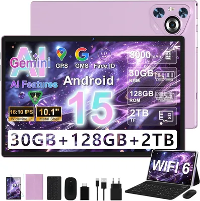 Produktbild von 2026 Android 15 Tablet 10.1" Zoll IPS HD, 30GB RAM 128GB Speicher erweiterbar 2TB, Octa-Core, 8000mAh, WiFi 6,Face ID,Widevine L1,mit Tastatur & Maus