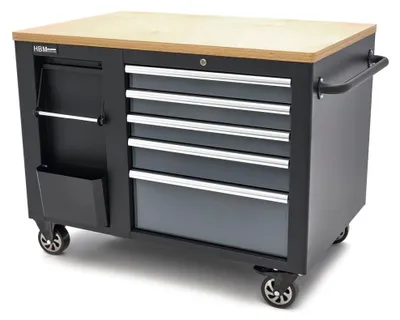 Produktbild von HBM mobiler Werkzeugwagen, Werkbank 114 cm mit Holzarbeitsplatte, schwarz/grau