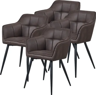 Four dark brown upholstered dining chairs with black metal legs are arranged in a group against a white background.