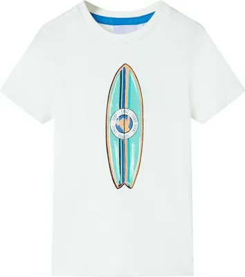 Produktbild von dkd-home-decor Kinder-Kurzarmshirt Gr. 116 Ecru mit buntem Surfbrett Aufdruck, 100 % Baumwolle