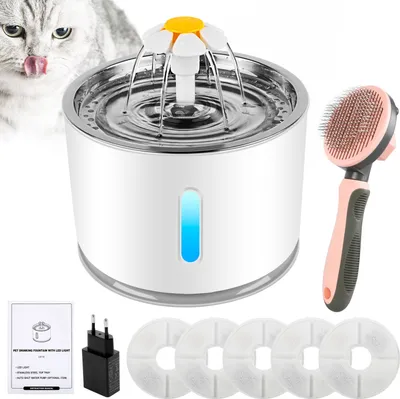 Immagine prodotto di Distributore automatico di acqua per animali domestici da 2,4 litri con 5 filtri, fontanella automatica per l'acqua e ciotola per bere + 1 pettine per gatti, colore rosa