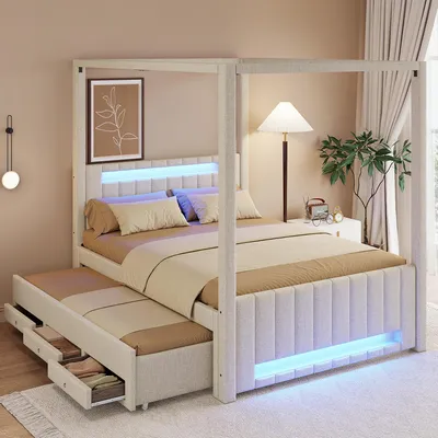 Produktbild von STILVORA Polster-Himmelbett 140x200 cm mit Ausziehbett für platzsparende Gästelösung & flexible Nutzung, Jugendbett mit LED-Beleuchtung in 7 Farben an Kopf- und Fußende & dekorativem Design, Polsterbett mit 3 Aufbewahrungsschubladen für Kleidung & Alltagsgegenstände, Beige