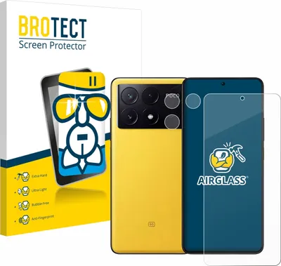 A product shot of a phone screen protector and its packaging, along with a yellow smartphone.