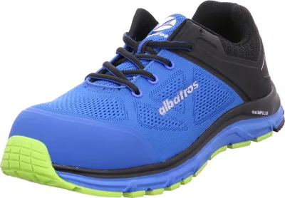 A single blue and black safety shoe with green accents is shown against a white background.