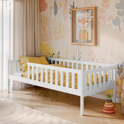 Obrázok produktu pre Detská posteľ s ochranou proti vypadnutiu, lamelový rošt, detská posteľ | bezpečná a stabilná | iné rozmery: 80x180, 90x190, 90x200 cm | 80x160 cm od 3 do 10 rokov, biela