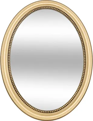 An oval mirror with a gold frame.