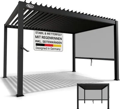 Produktbild von Juskys Lamellendach Tahiti 3x4 m inkl. Seitenwand 3 m - Stahl Pergola stabil & wetterfest - Anthrazit