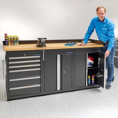 Produktbild von Werkbank PRO Eiche - 6 Schubladen - 2 Schränke - 200 cm - schwarz