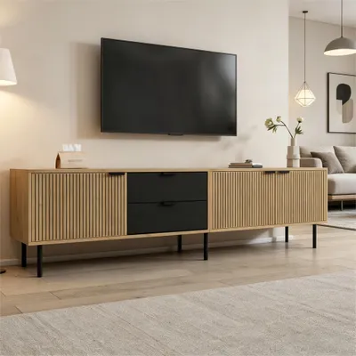 Obrázek produktu pro MODFU TV stolek s úložnými skříňkami, dvě zásuvky a tři skříňky, TV skříňka v dekoru dřeva a matné černé barvě, TV nábytek pro televizory do 85 palců, 208 × 40 × 48 cm