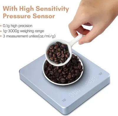 Produktbild von Digitale Kaffeewaage mit Timer, LED-Bildschirm, Espressowaage, eingebauter Akku, max. 3 kg. Wiegt 0,1 g. Hochpraezise Messung in oz/ml/g