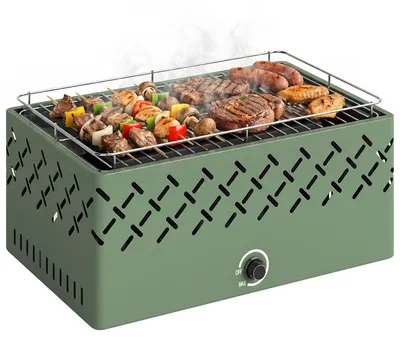 Imagen del producto de Barbacoa de Carbón 45,5x29x21 cm con Ventilador Integrado Temperatura Ajustable y Bandeja de Carbón Verde Claro