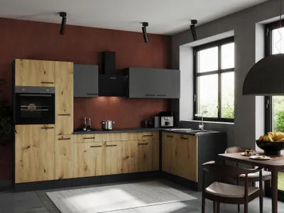 Produktbild von Küche Küchenzeile Winkelküche Grau Matt Artisan Eiche Oliver 310x172 cm Respekta