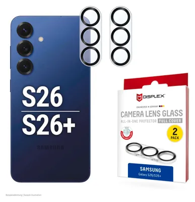 Produktbild von Displex Full Cover Camera Lens Glass, Samsung S26/S26+, Kamera Schutzglas, 10H, Quick Mount, 2 Stück, Samsung, Galaxy S26/S26+, Staubresistent, Schlagfest, Kratzresistent, Transparent, 2 Stück(e)
