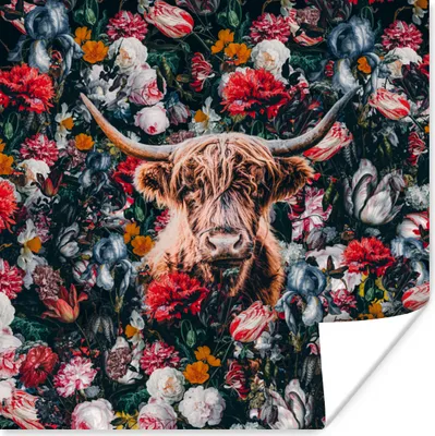 Produktbild von MuchoWow® Poster Schottisches Hochlandrind - Blumen - Tiere - Hoorn 50x50 cm - Wohnzimmerdekoration