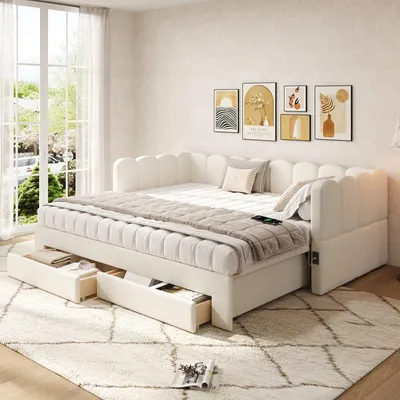 Produktbild von Flieks Polsterbett 90x190cm mit Ausziehbett, Schlafsofa Tagesbett mit Usb und Type-c, Jugendbett Daybett mit 2 Schubladen, Leinen, Beige