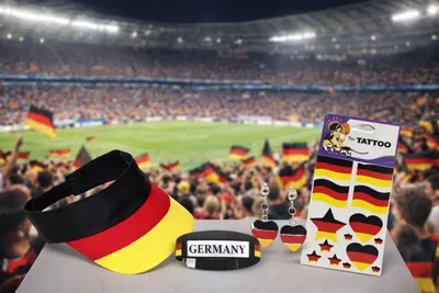 Produktbild von Fan Set, 4-tlg. Deutschland Ohrclips, Sonnenblende, Tattoos, Armreif EM WM Fußballparty Germany Fanartikel