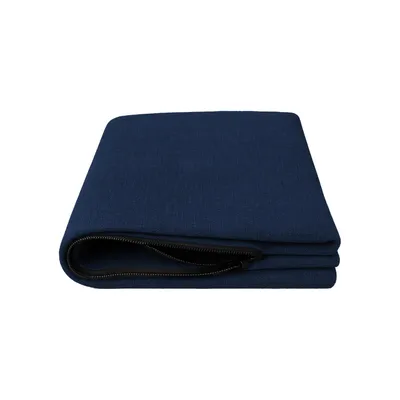 A folded dark blue cushion cover with a zipper is shown against a white background.