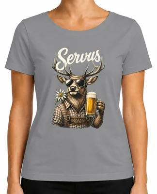 Produktbild von Servus Hirsch Edelweiß Bier Trachtenshirt Lederhose Damen T-Shirt, Grau, 3XL