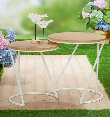 Immagine prodotto di Gilde 2er Set, Beistelltisch, rund, "Merida", Metall, weiß, naturfarben, VE 1, H. 53 cm, D. 49 cm 74135 4063387741351