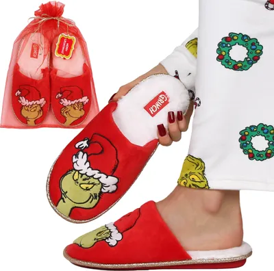 Obrázok produktu pre Grinch NEKLZAVÉ dámske domáce papuče, TEPLÉ, MÄKKÉ, VIANOČNÉ papuče do domácnosti + dekoratívna darčeková taška 38-39 EU / 5-6 UK