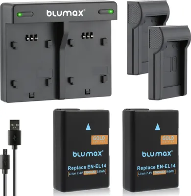 Produktbild von 2x Akku + Lader für Nikon EN-EL14  D3300  D5500 D5600 P7700 P7800 1300 mAh