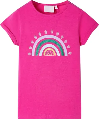 Produktbild von Dunkelrosa T-Shirt mit Regenbogen-Aufdruck, Rundhalsausschnitt, kurzen Ärmeln, Größe 128
